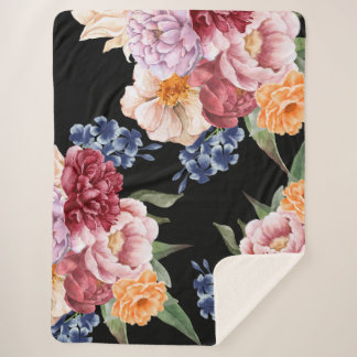 Vintage watercolor floral and botanical black sherpa blanket