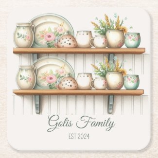 Vintage Watercolor Floral Dishes on Shelf 