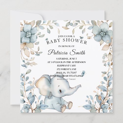 Vintage Watercolor Floral Elephant Baby Shower Invitation
