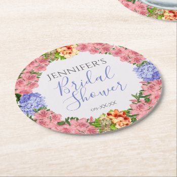 Vintage Watercolor Floral Frame Bridal Shower Round Paper Coaster by csinvitations at Zazzle