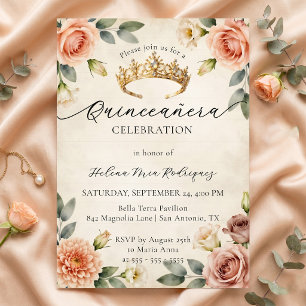 Vintage Watercolor Floral Gold Crown Quinceañera Invitation