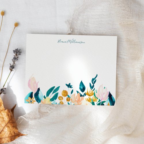 Vintage Watercolor Floral Personalized Jade Green Note Card