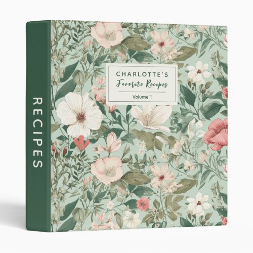Vintage Watercolor Floral Personalized Recipe 3 Ring Binder