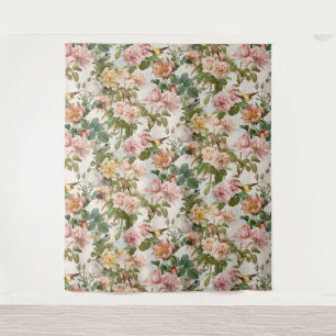 Vintage Watercolor Floral Pink Yellow Bird Wedding Tapestry