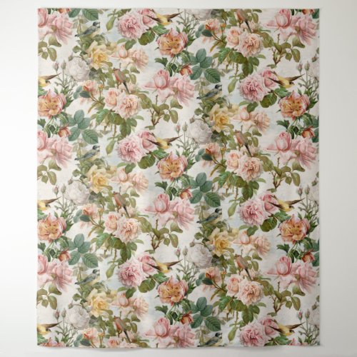 Vintage Watercolor Floral Pink Yellow Bird Wedding Tapestry
