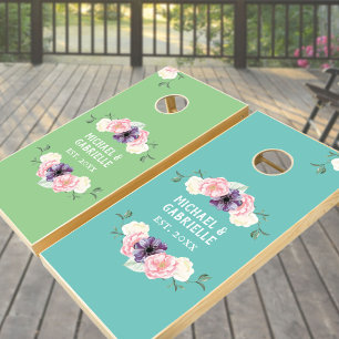 Vintage Watercolor Floral Sage & Teal Personalized Cornhole Set