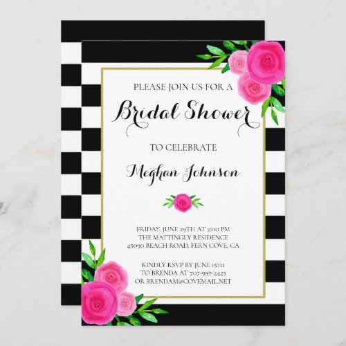 Vintage Watercolor Floral Stripes Bridal Shower Invitation