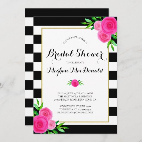 Vintage Watercolor Floral Stripes Bridal Shower Invitation