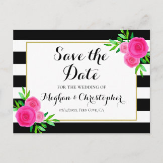 Vintage Watercolor Floral Stripes Save the Date Announcement Postcard