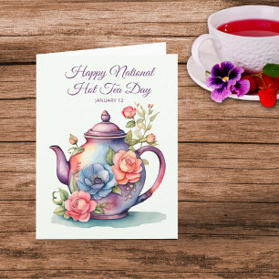 Vintage Watercolor Floral Teapot National Hot Tea Note Card
