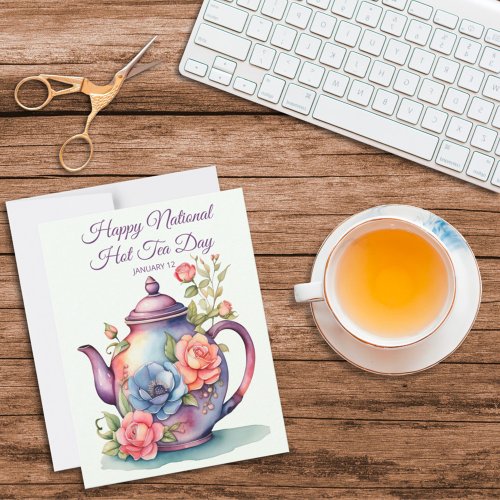 Vintage Watercolor Floral Teapot National Hot Tea  Note Card