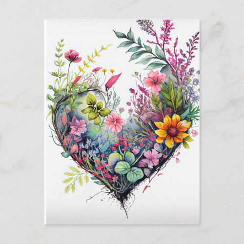 Vintage watercolor flowers and heart love card