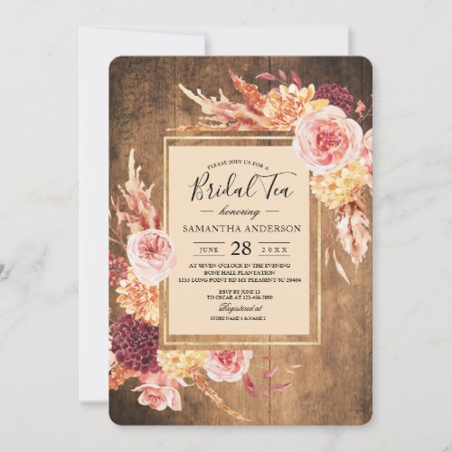 Vintage Watercolor Flowers Gold Frame With Wood Invitation