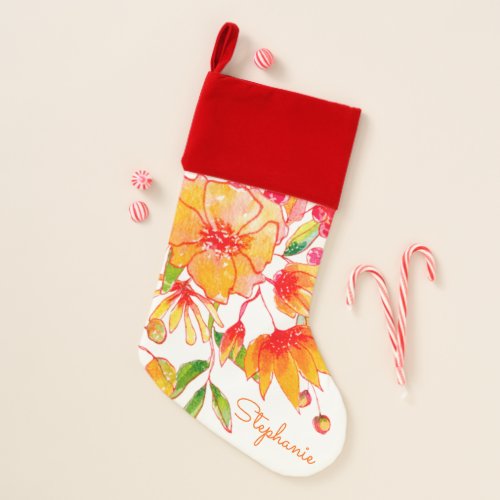 Vintage Watercolor Flowers in Orange Personalized  Christmas Stocking