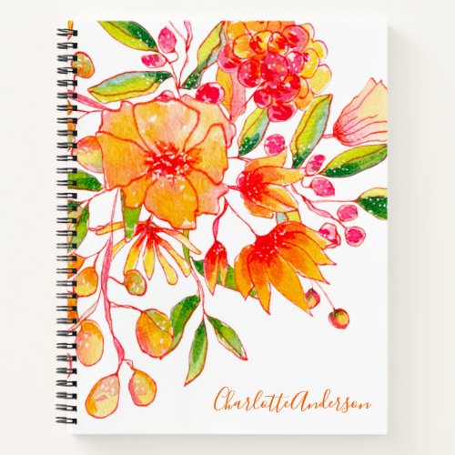 Vintage Watercolor Flowers in Orange Personalized  Notebook