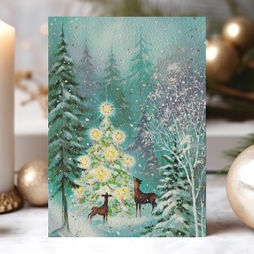 Christmas Greeting Cards 17 Vintage Watercolor Forest Deer Retro Christmas Holiday Card