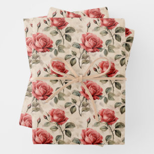 Vintage watercolor French red roses sage leaves Wrapping Paper Sheets