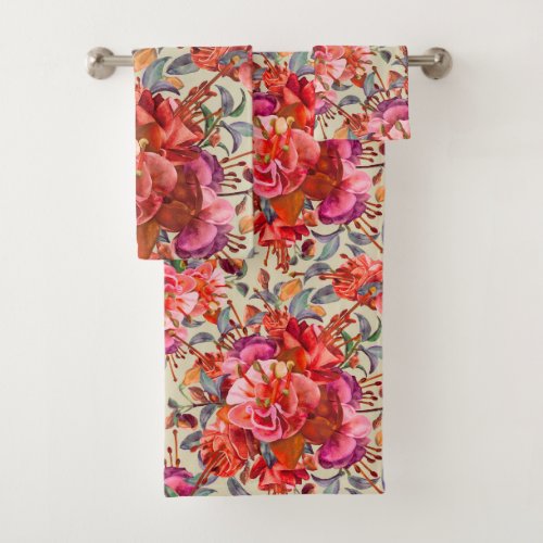 Vintage Watercolor Fuchsia Blooms Bath Towel Set