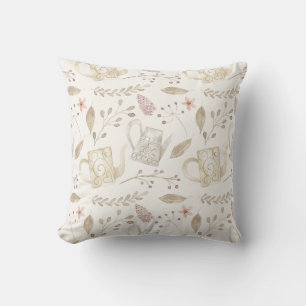 Vintage Watercolor Garden Floral Watering Can Throw Pillow