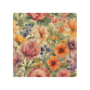 Vintage Watercolor Garden Flowers in Bloom Wood Wall Art