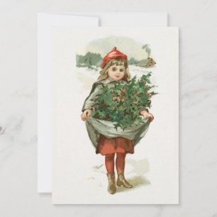 Vintage Watercolor Girl Carrying A Tree Christmas Holiday Card