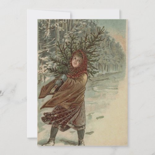 Vintage Watercolor Girl  Tree Christmas Greetings Holiday Card