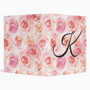 Vintage Watercolor Girly Rose Pattern Monogram 3 Ring Binder