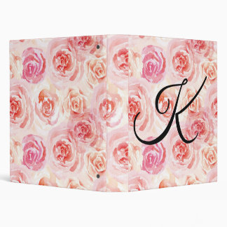Vintage Watercolor Girly Rose Pattern Monogram   3 Ring Binder