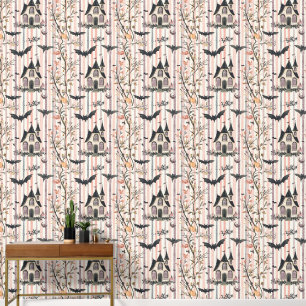 Vintage Watercolor Halloween striped Bat House  Wallpaper