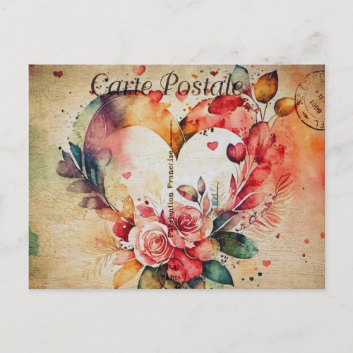 Vintage Watercolor Heart  Flowers 1 Postcard