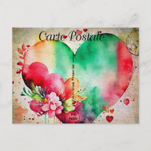Vintage Watercolor Heart & Flowers 2 Postcard