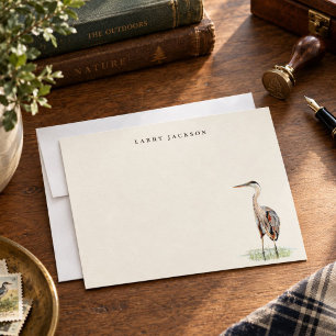 Vintage Watercolor Heron Personalized Flat Note Card