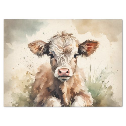 VIntage Watercolor Highland Calf cow decoupage Tissue Paper