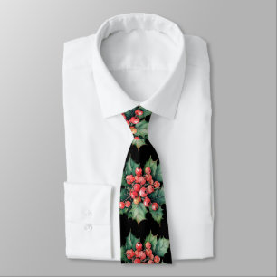 Vintage watercolor holly berries leaves black neck tie