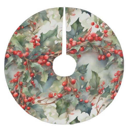 Vintage watercolor holly berries leaves  brushed polyester tree skirt
