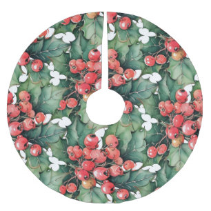 Vintage watercolor holly berries leaves brushed polyester tree skirt
