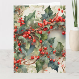 Vintage watercolor holly berries leaves card