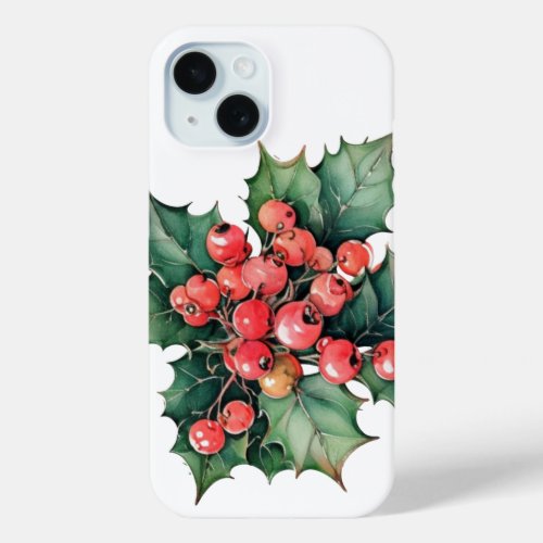 Vintage watercolor holly berries leaves  iPhone 15 case