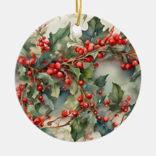 Vintage watercolor holly berries leaves  ceramic ornament