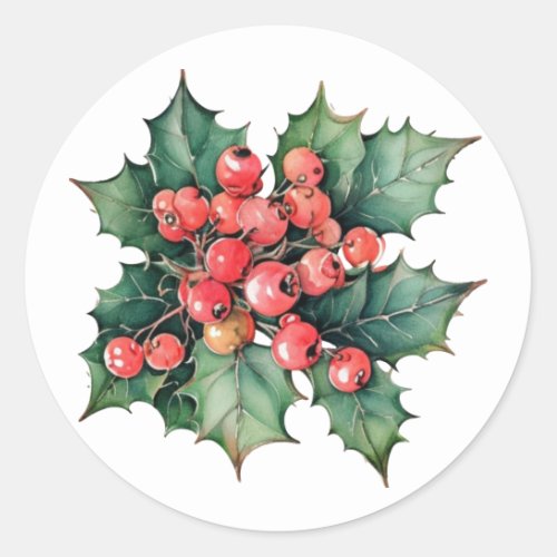 Vintage watercolor holly berries leaves  classic round sticker