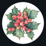 Vintage watercolor holly berries leaves  classic round sticker<br><div class="desc">A vintage watercolor painting of classic holly berries and leaves.  Customizable!</div>