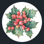 Vintage watercolor holly berries leaves  classic round sticker<br><div class="desc">A vintage watercolor painting of classic holly berries and leaves.  Customizable!</div>