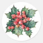 Vintage watercolor holly berries leaves  classic round sticker