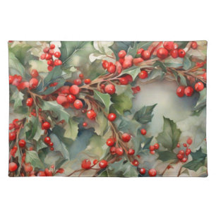 Vintage watercolor holly berries leaves cloth placemat