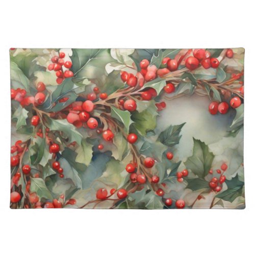 Vintage watercolor holly berries leaves  cloth placemat
