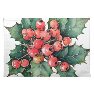 Vintage watercolor holly berries leaves cloth placemat