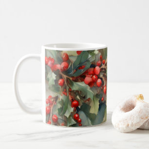 Vintage watercolor holly berries leaves coffee mug