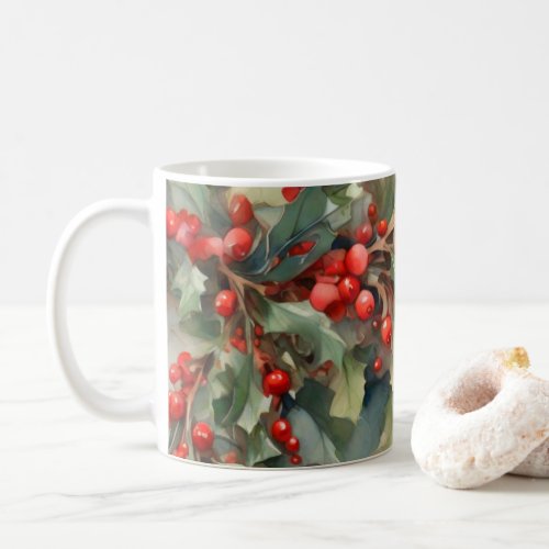 Vintage watercolor holly berries leaves  coffee mug
