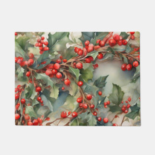 Vintage watercolor holly berries leaves doormat
