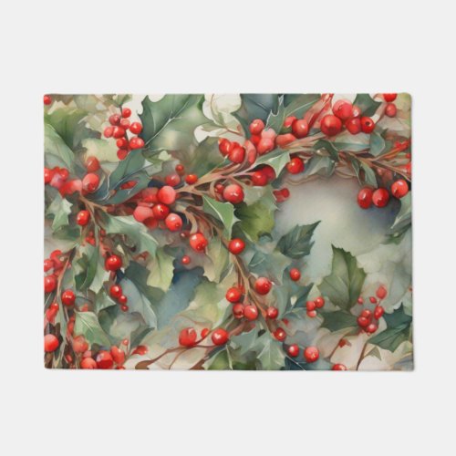 Vintage watercolor holly berries leaves  doormat